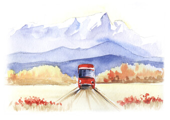 The red bus travels through the blooming autumn fields against the backdrop of high chains of purple mountains. Hand drawn watercolor illustration