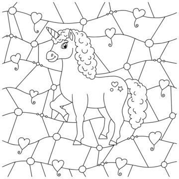 Magic fairy unicorn. Cute horse. Coloring book page for kids. Unusual pattern. Cartoon style. Vector illustration isolated on white background.