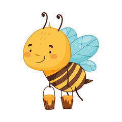 Adorable honey bee carrying full buckets of honey cartoon vector illustration