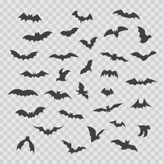 Bat icon set isolated on transparent background. Black bats silhouettes