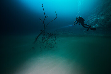 diving in Cenote Angelita with foggy halocline in mexico