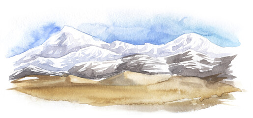 Abstract landscape. Distant high mountains. Snowy summits. Mountain ranges. Gray Valley. Light blue sky. Hand drawn watercolor illustration. Integrated into a white background. Extruded banner format