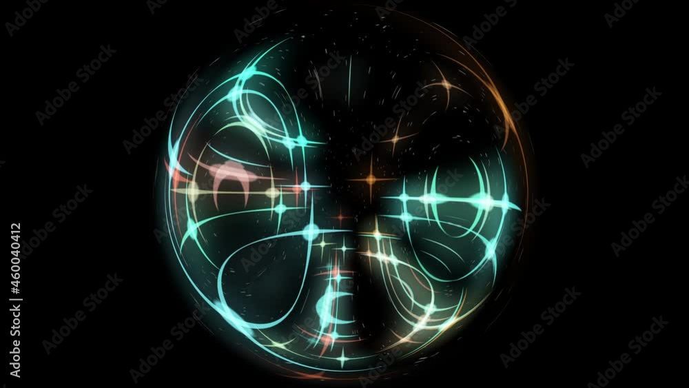 Poster abstract rotating ball with shining stars. scientific experiment. 3d render background black abstrac
