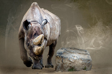 a large rhino walking next to a rock © Ralph Lear