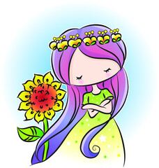 vector cartoon girl with sunflowers