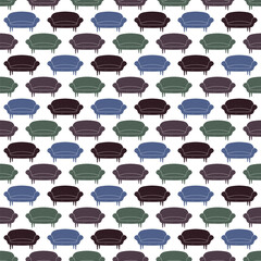 Seamless texture with divan from the 60s. Retro style couch. Vector vintage pattern on the white background, colorful print with furniture, web banner or poster.