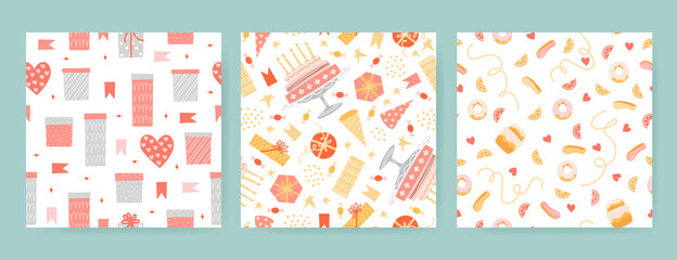Cute set of seamless birthday patterns with gift boxes, cakes, sweets and decorations isolated on white background.