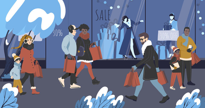 Christmas and New Year sales. Young people, families with children and couples go shopping in the winter in the city. Flat vector illustration