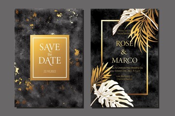 Luxury elegant wedding invitation cards with gold and grey marble watercolor texture.