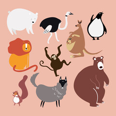 Cute animal stickers vector colorful wildlife doodle for kids collection