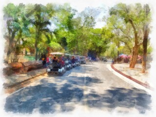 Tour bus in the park watercolor style illustration impressionist painting.