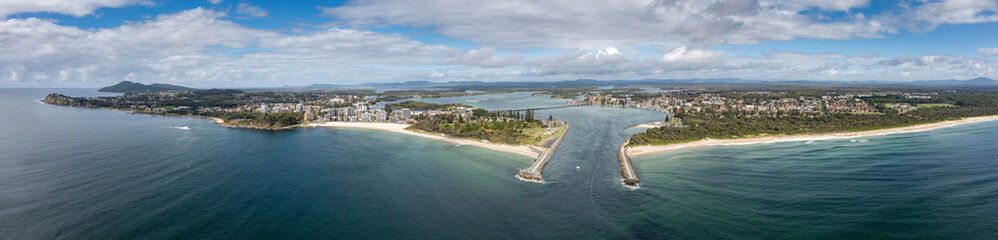 Aerial panorama of the beach and harbor at Forster in New South Wales, Australia