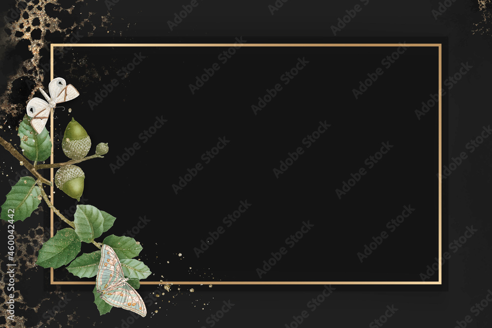 Poster hand drawn oak leaf pattern with rectangle gold frame on background vector