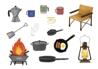 アウトドア・キャンプ道具の手描きイラストセット