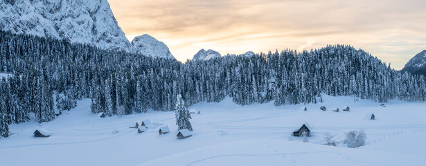 After the snowfall. Dusk on the Sappada plain. Magic of winter.