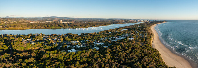 Aerial panoramic view of the Fingal Head Beach near Tweed Heads in northern New South Wales, Australia