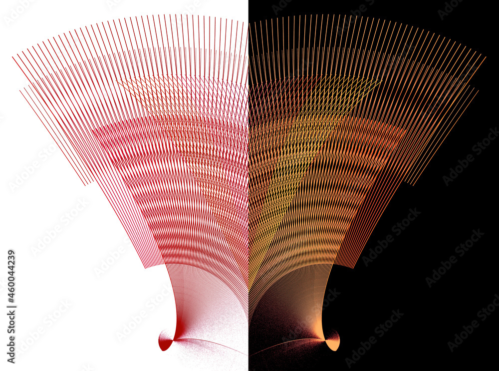 Aufkleber red and yellow groups of lines are curved, layered, pointing upwards on white and black backgrounds.