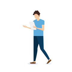 Business man with document files and presenting project on white background.