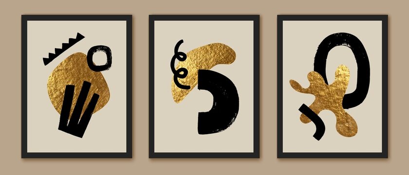 Modern creative abstract wall art compositions. Black and golden geometric forms, shapes.