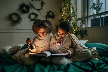 Brother and sister sitting in the bed and reading book with flashlamps