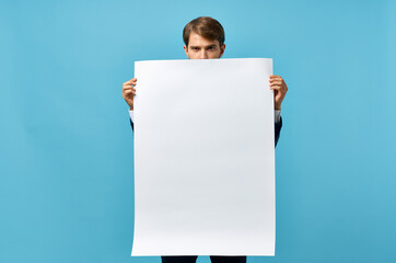 bearded man white banner in hand blank sheet presentation isolated background