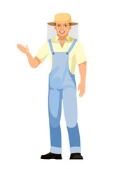 Beekeeper. Isolated on white background. Character in uniform and mesh protective hat. Person is a middle-aged man. Pointing hand gesture. Cute smiles. Vector