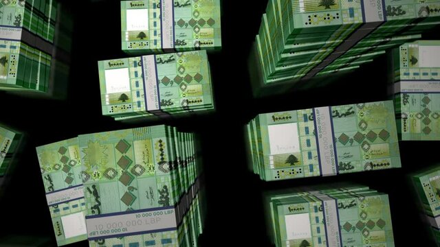 Lebanon pound money pack loop. Flight over LBP banknotes stacks top view. 3d loopable seamless animation. Abstract background concept of economy, crisis, business and finance.