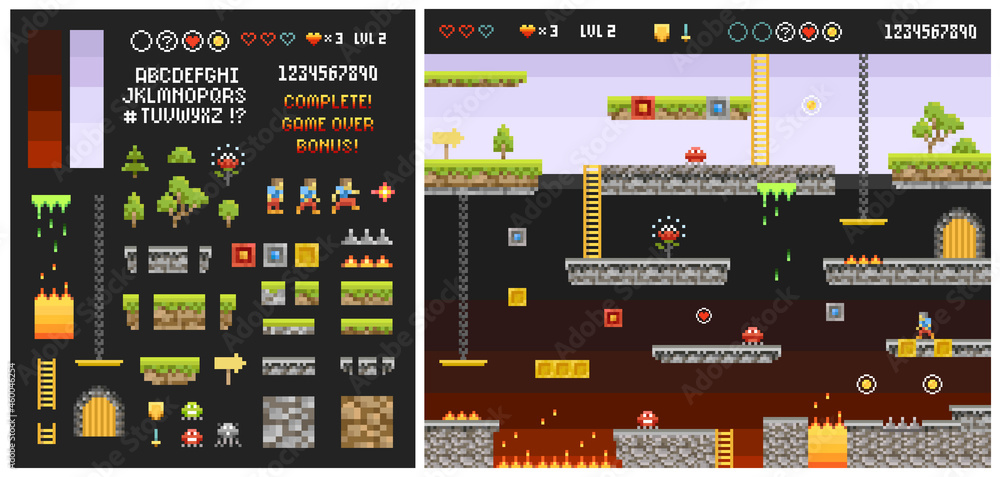 Aufkleber pixel art 8-bit video game level design of texture patterns, grass, trees, sky, clouds, move charact