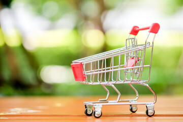 Mini Shopping Cart on table with green background.