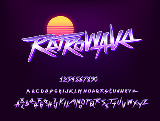 Retro wave cyberpunk 80s style type font and vector doodle chrome alphabet. Set for print tee and poster design. Hand drawn lettering. Vector vintage grunge type font	