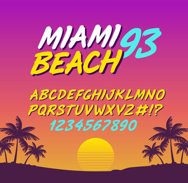 Miami beach trendy retro type font alphabet with numbers - vector template. Handwritten summer type font 80s style with vintage sunset, palms on the coast background. Gradient beach cover design