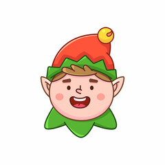 Portrait of laughing Christmas elf in cartoon style. Holiday clipart isolated on white background - 460046661