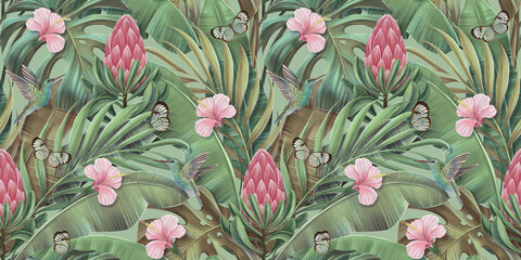 Tropical seamless pattern with protea, hibiscus flowers, banana leaves, palm, monstera, hummingbirds. Hand-drawn 3D illustration. For luxury wallpapers, mural, cloth, fabric printing, templates, goods