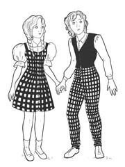 Hansel & Gretel. Brother and sister holding hands. Fairytale characters. Black and white vector illustration - 460046801