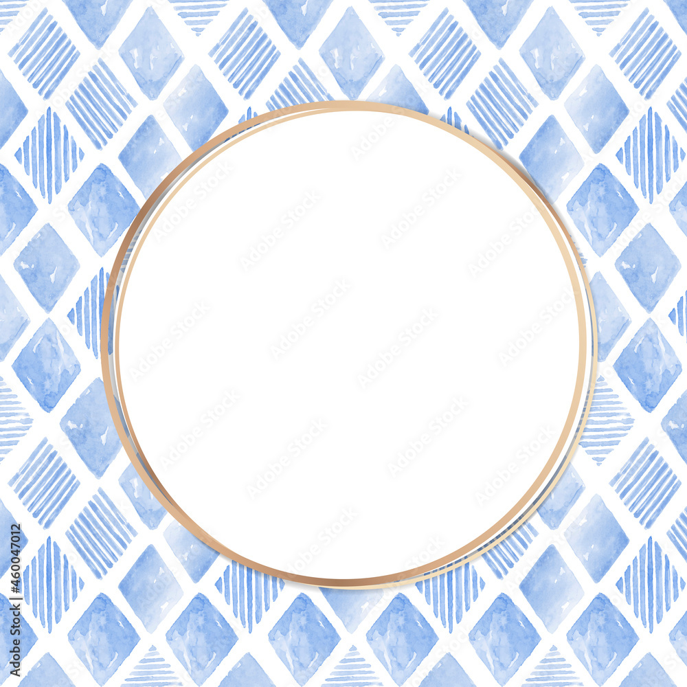 Poster gold frame with indigo blue rhombus seamless patterned background vector