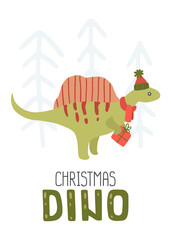 Cute little christmas dino with gift poster. Print for wall art, apparel, card, textile, fabric, nursery, stationery.
