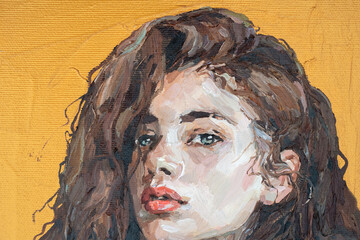 Portrait of a girl on a gold background. Portrait of a young beautiful women with red lips. Fragment of oil painting on canvas.