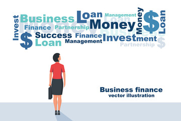 Business finance conceptual. Cloud with text business words. Vector illustration flat design. Isolated on white background. Successful businesswoman is looking up.