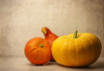 Three orange pumpkins for halloween with copy space