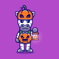 cute zebra wearing halloween pumpkin costume