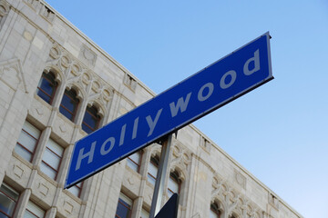 Hollywood sign on street, famous district in Los Angeles, California, United States