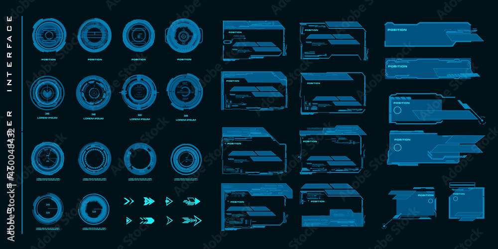 Poster dialogue and game frames with interfaces, options with descriptions and hud data for video games. ho