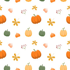 Seamless autumn pattern with pumpkins, leaves and berry. Vector background in flat style.