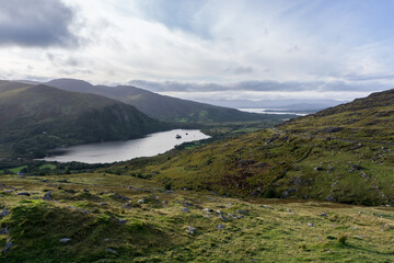 panorama view over lake and mountains in kerry, ireland