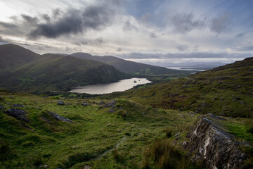 Fototapeta na wymiar panorama view over lake and mountains in kerry, ireland