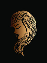 Beauty salon logo.Beautiful woman portrait.Long, wavy blond hairstyle icon.Spa, aesthetics, beautician, hair studio business.Modern, elegant, luxury, glamour style.Young lady face makeup.Gold color.