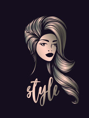 Beauty salon logo.Beautiful woman portrait.Long, wavy hairstyle icon.Spa, aesthetics, beautician, hair studio business.Modern, elegant, luxury, glamour style.Young lady face makeup.Gold color.