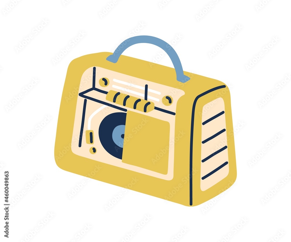 Aufkleber Portable mini vinyl record player with handle. Old retro analog device for grooved discs playing. 50s technology. Mid-century audio equipment. Flat vector illustration isolated on white background