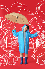 Cute little boy in raincoat and with umbrella in drawn forest on color background. Autumn concept