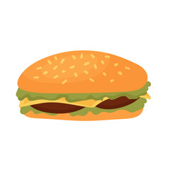 Fast food cheeseburger, takeaway fastfood snack vector illustration. Cartoon unhealthy burger with cheese, salad and meat in menu for restaurant or street cafe isolated on white